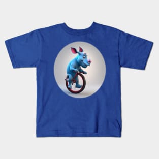 Blue baby rhino unicycling Kids T-Shirt